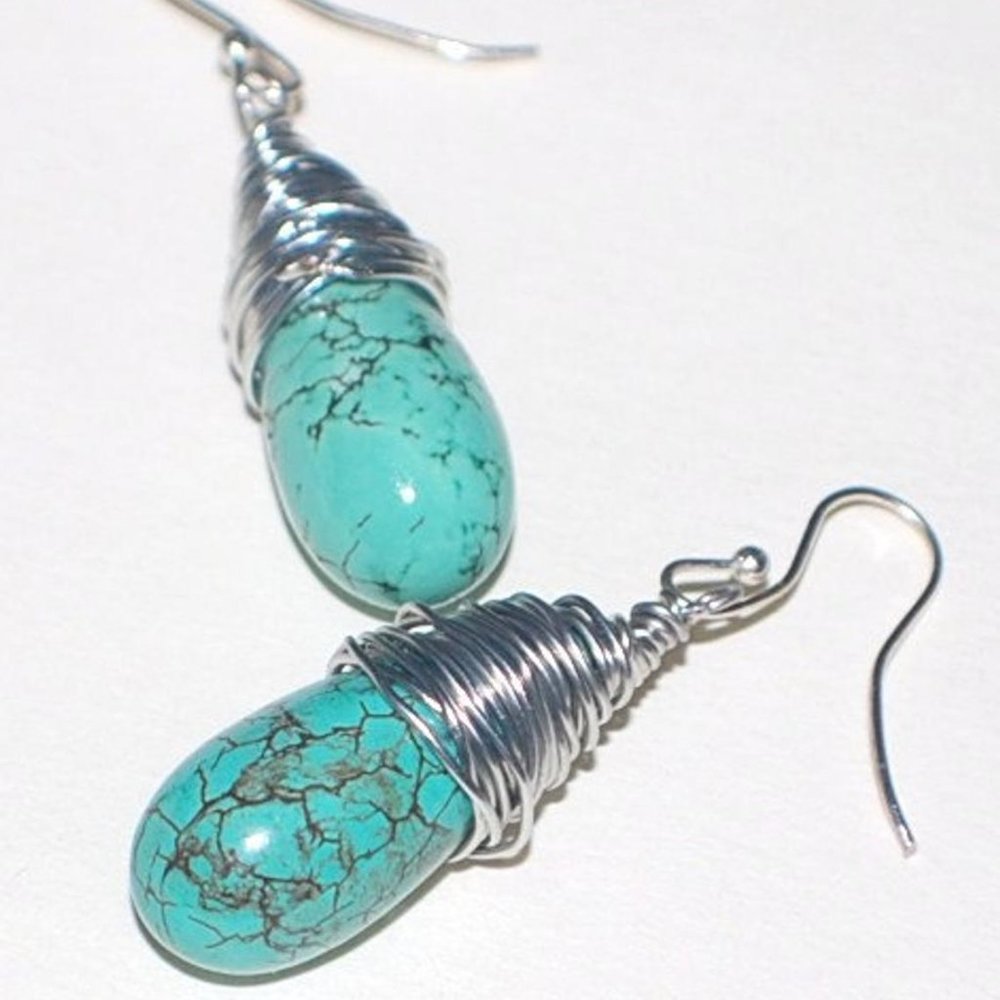 Turquoise Teardrop Wire-Wrapped Earrings Handmade